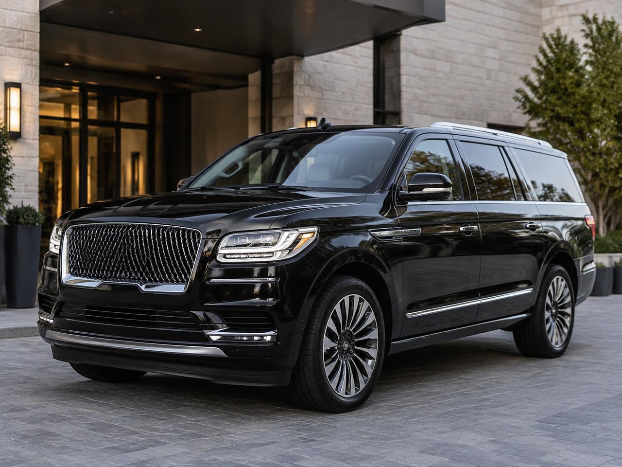 Black Lincoln Navigator L executive SUV at a hotel entrance