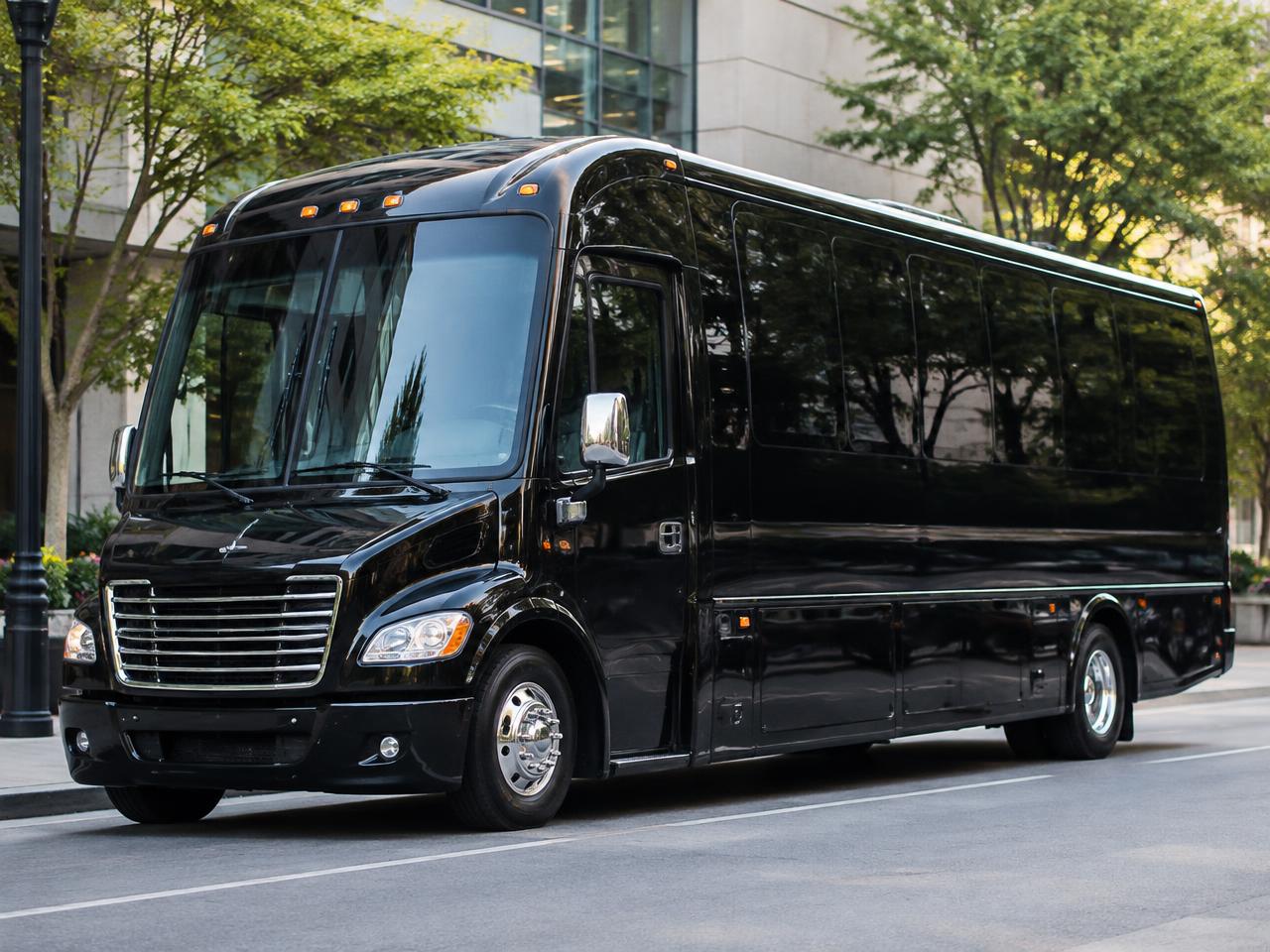 Black 23-passenger executive shuttle bus on a city street