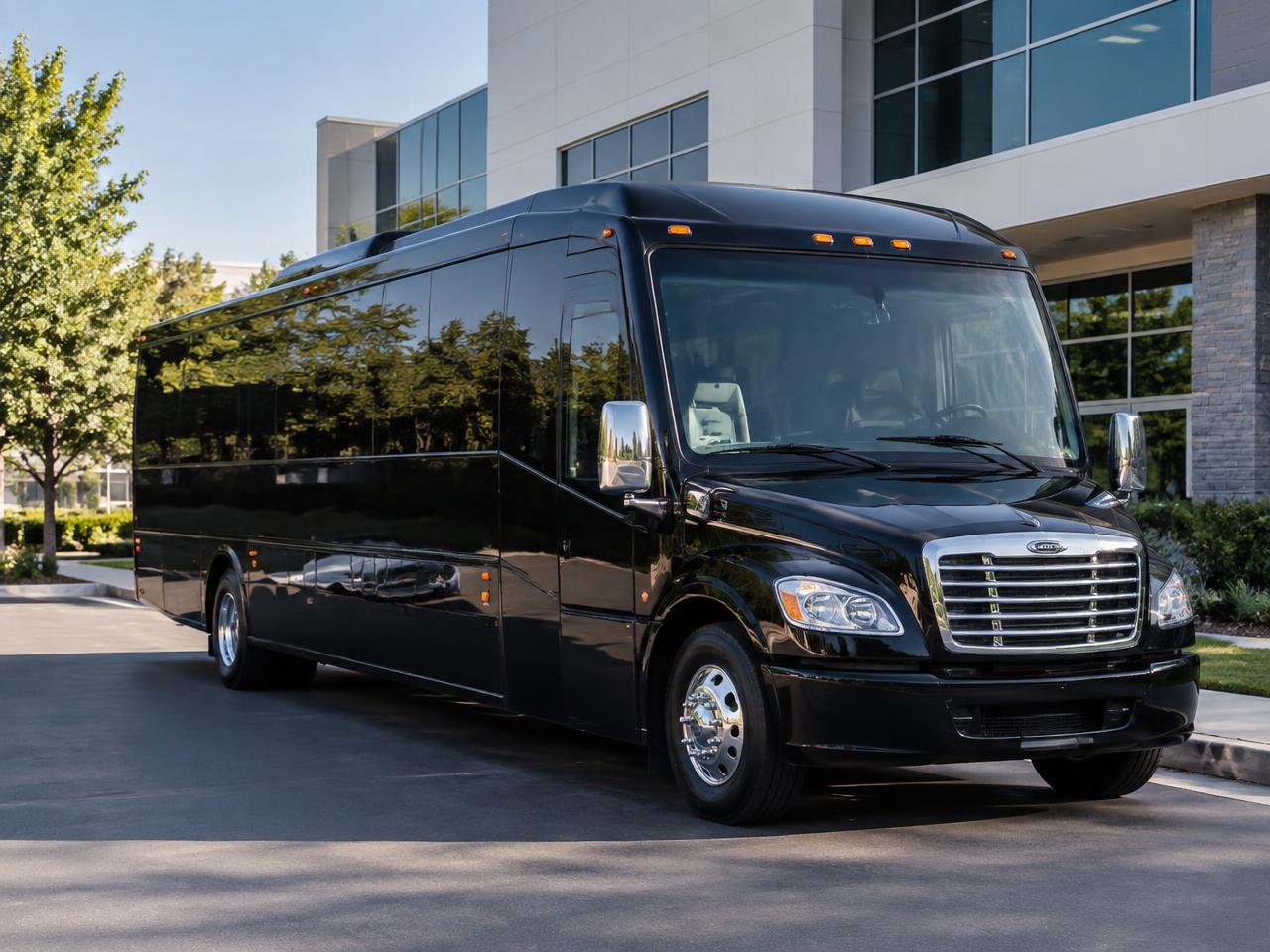 Black 27-passenger executive shuttle bus at a corporate campus