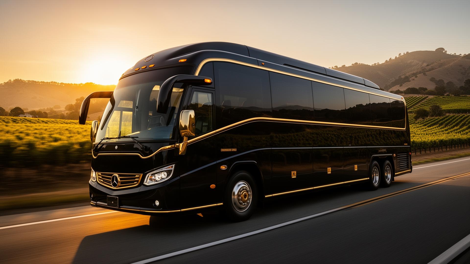 Bobby's Charters luxury motorcoach on a Northern California highway at golden hour